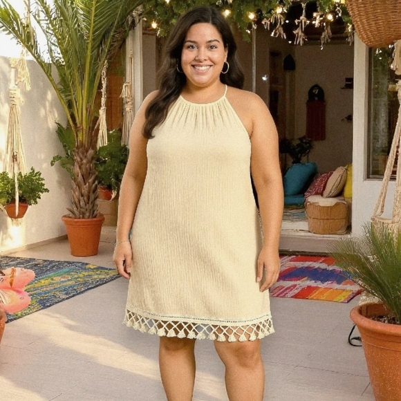 πBoho Chic Cream Halter Tassel Mini Dress | Relaxed Fit Plus Size Summer Dress - Picture 1 of 12